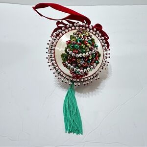 Vintage Pushpin, Sequins, Satin, Beaded Christmas Ornament with tassel
